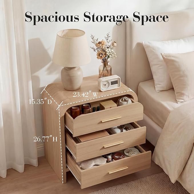 Night Stand Set of 2 [Unique Curved Profile] [FSC-Certified Wooden Board] 3-Drawer Nightstand 27" H Metal Handle Modern Sturdy Bedside Table - Image 2