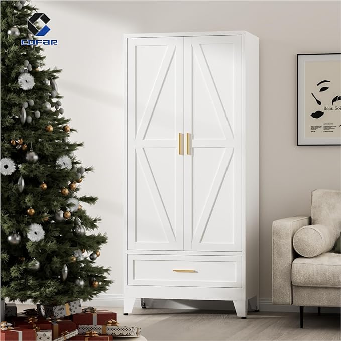 COFaR Metal Armoire Wardrobe Closet with Drawer, 71'' Tall Farmhouse Bedroom Armoires with Doors and Hanging Rod, Freestanding Steel Wardrobe Cabinet Coat Closet for Bedroom Home Office, White