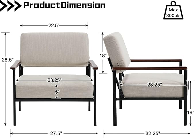 Mid Century Modern Beige Accent Chairs Set of 2, Comfy Arm Chairs with Black Metal Frame Soft Linen Fabric Upholstered Armchairs Living Room Chairs Lounge Chairs Reading Chairs for Bedroom/Office