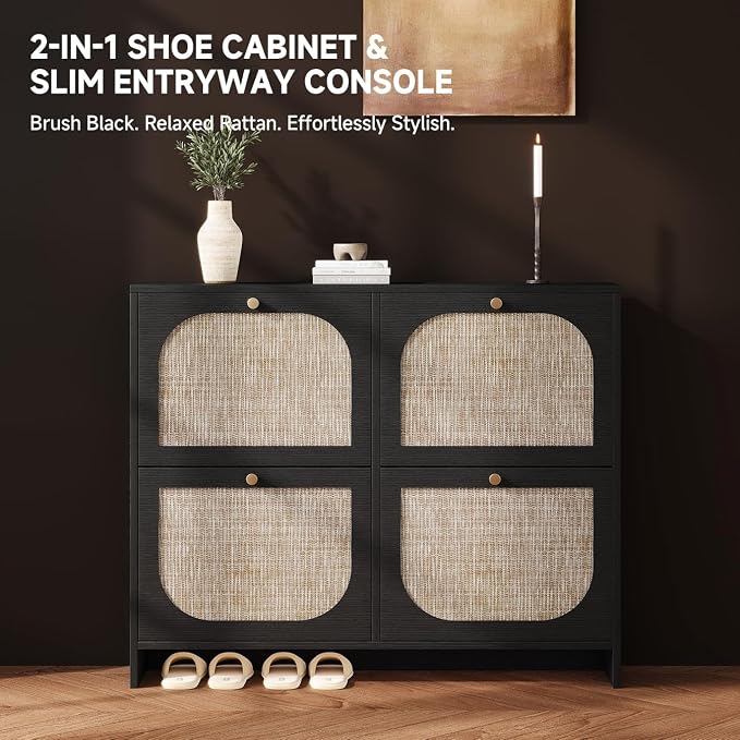 Nicetree Shoe Storage Cabinet for Entryway, Rattan Vintage Flip Shoe Rack- 4 Flip Drawers & 3-Tier Adjustable Shelves,Boho Shoe Organizer for 28-36 Pairs - Fits Size 12 Boots, 9.5" Ultra Slim - Image 4