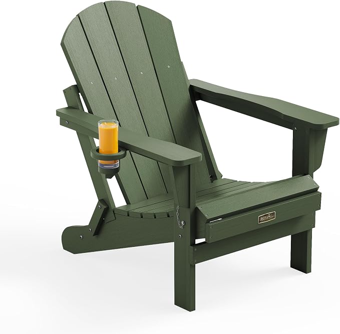 SERWALL Folding Adirondack Chair for Patio Garden, All-Weather Outdoors Chairs with Cup Holder, Wooden Textured Fire Pit Chairs for Poolside, Backyard, Lawn - Army by SERWALL