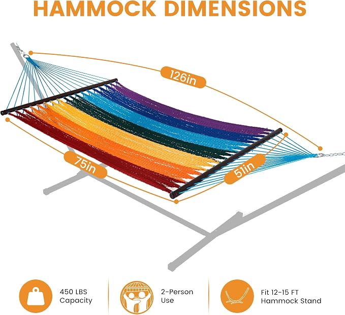 Lazy Daze Hammocks 10.5 FT Double 2 Person Caribbean Rope Hammock, Hand Woven Polyester Hammock with Spreader Bars, for Outside Outdoor Backyard Patio Poolside, 450 LBS Capacity, Rainbow - Image 6