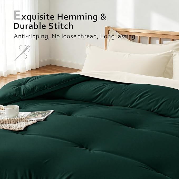 Comforters Queen Size, All Season Quilted Bed Comforter, Ultra-Soft Down Alternative Duvet Insert with 4 Tabs, Lightweight Bedding Blanket - Machine Washable, Emerald Green