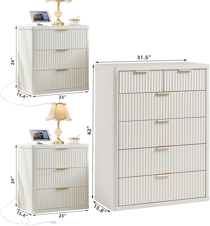 LEYAOYAO 42" Tall Fluted Dresser and 3 Drawers 23" Nightstand Set of 2,Wooden Dresser & Night Stand with Charging Station,3 Piece Bedroom Furniture Set,Chest of Drawer for Living Room,Antique White