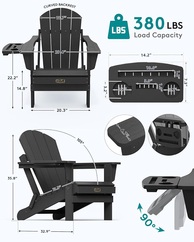 SERWALL Folding Adirondack Chair, Patio Adirondack Chairs with 4 in 1 Cup Holder Trays, All Weather Fire Pit Chair for Outdoor, Garden - Black - Image 2
