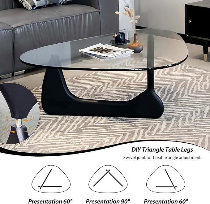 35.5″ Mid Century Modern Coffee Table, Unique Glass Coffee Tables for Living Room, Walnut Triangle Glass Top Center Tables with Wooden Base for Home Office Hotel
