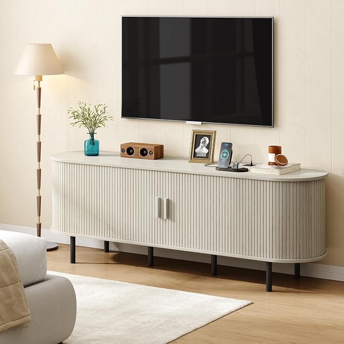 ONBRILL 70.8" TV Stand with Power Outlet for TVs up to 75 Inch, Entertainment Center with Storage and Adjustable Shelves, Modern Media Console with Sliding Doors for Living Room, Natural White - Image 4