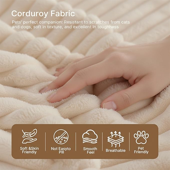 3-Seater Deep-Seat Corduroy Lounge Sleeper Sofa, No Assembly Frameless Foam Cloud Couch, Comfy Plush for Living Room Bedroom Apartment Dorm Office (Beige)