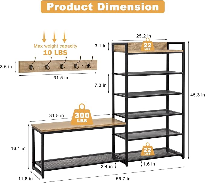 SUNTAGE 6-Tier Coat Rack Shoe Bench Set, Entryway Bench with 6 Hooks Coat Rack, Hall Tree and Shoe Storage for Entryway, Hallway, Garage, Bedroom (Vintage Oak) - Image 4