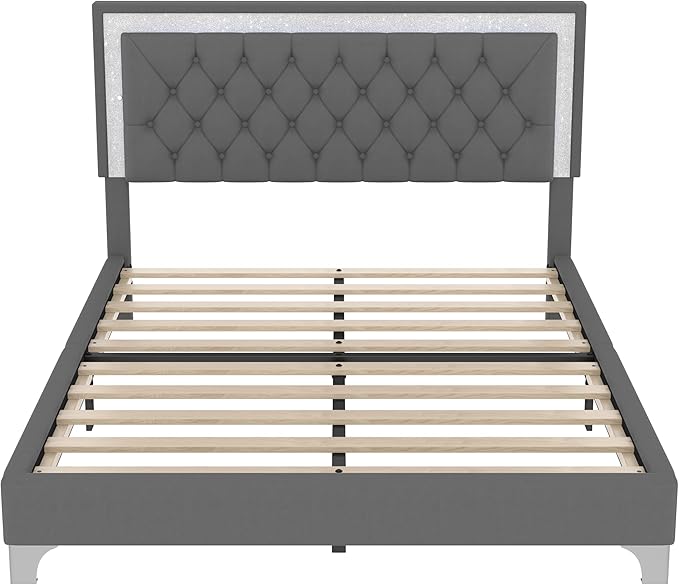 Merax 3 Pieces Bedroom Set, Queen Size Upholstered Platform Bed Frame with LED Lights and 2 Nightstands,Farmhouse Bedroom Furniture Set,Gray