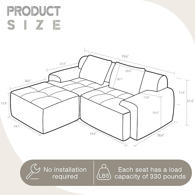 Modular Sectional Sofa, Boneless Couches for Living Room, Corduroy Couch, Big Comfy Couch, Modular Cloud Sofa with Deep Seat (White, 3 Pieces-L Shape)