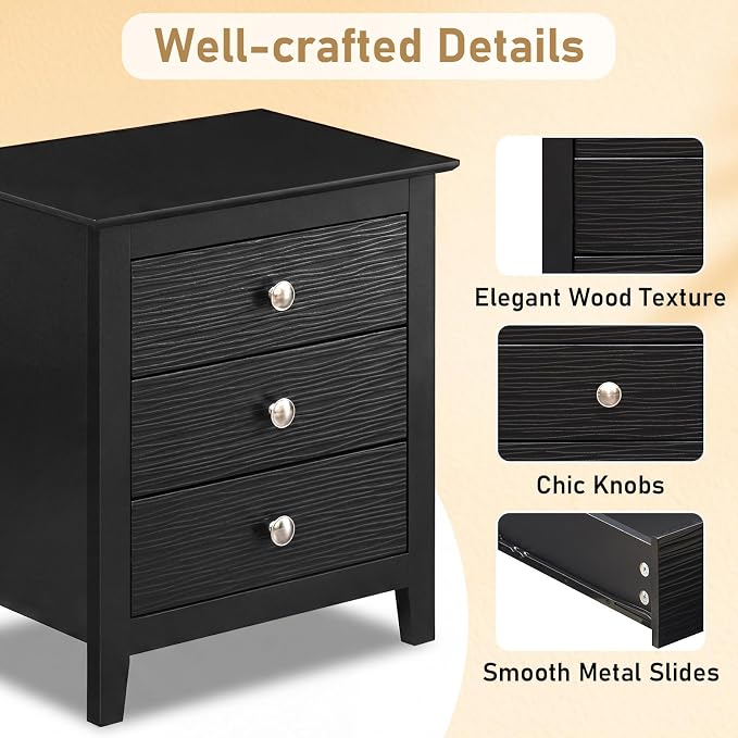 Giantex 3-Drawer Night Stand, 22’’ Compact Sofa End Couch Side Table w/Storage Drawers, Sturdy Legs, Modern Wood Nightstand Bedside Table for Bedroom College Dorm Small Spaces, Black - Image 5