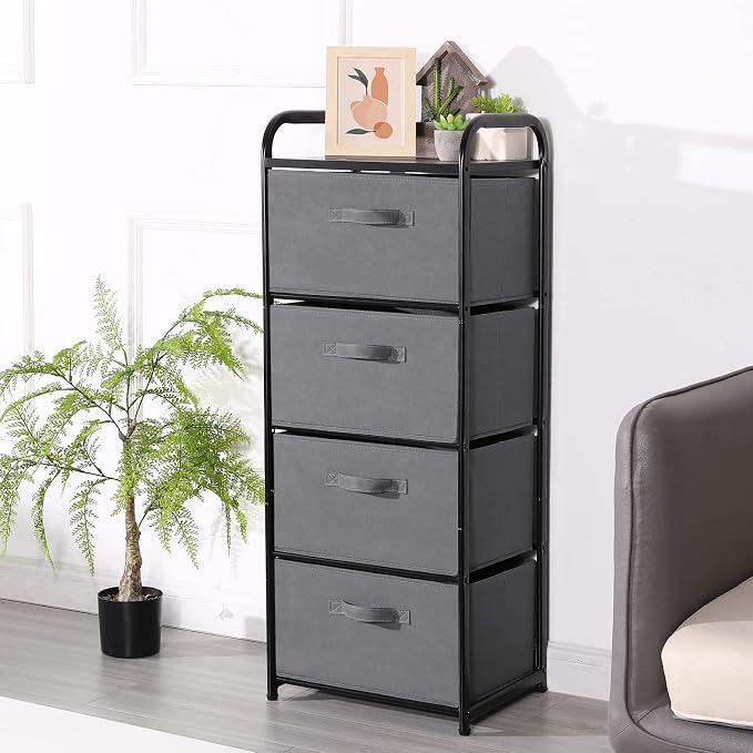 MAX Houser 4 Drawer Fabric Dresser Tall Storage Tower, Dresser Chest with Wood Top, Vertical Nightstand Side Organizer Unit with Metal Frame for Closets Bedroom Nursery Room Hallway(Leaden) - Image 6