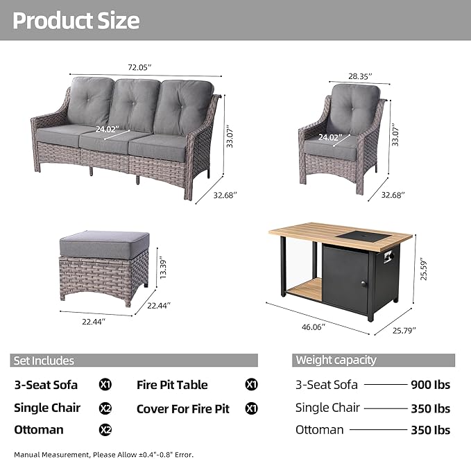 HOOOWOOO 6 Piece Patio Furniture Sets with Fire Pit Table,Outdoor Wicker Furniture Set,All Weather Resistant Outside High Back Rattan Conversation Set for Out Door(Dark Grey Gray)