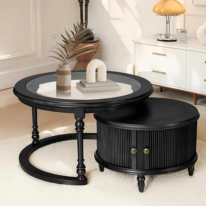 31.5'' Glass Top Round Coffee Table with Storage, Solid Wood and MDF Fluted Coffee Table Set of 2 for Living Room Office, Black