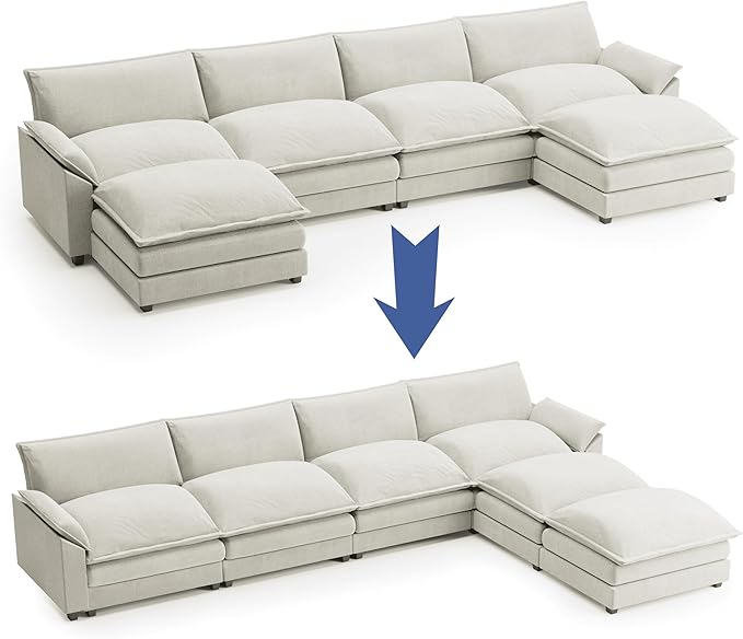 Shahoo Sectional Modular Sofa U Shaped Chenille Fabric Couch with High Supportive & Soft Sponges and Removable Ottoman, Sleeper Comfy Upholstered Furniture for Living Room, Bright Beige