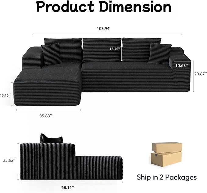 104” Sectional Cloud Couch, L-Shape Compressed Sofa with Right Chaise Lounge, Modern Modular Cloud Couches with 2 Pillows & Deep Seat, Flannel Velvet Floor Sofa for Living Room, Black