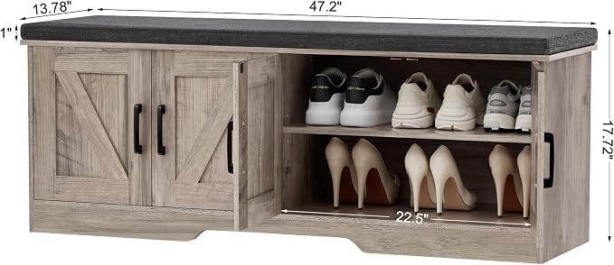 HOMSHO 2-Tier Storage Bench, 47.2" Wide Shoe Bench with Padded Seat Cushion, Entryway Bench with 4 Barn Doors and Adjustable Shelf, Greige - Image 3