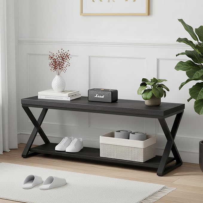 IBF Black Bench, Modern Entryway Bench for Bedroom, Wood Metal Storage Hallway Bench for Dining Living Room, Farmhouse Shoe Rack Indoor Accent Seating Bench for Foyer Entrance, Black Oak, 47 Inch Long - Image 6