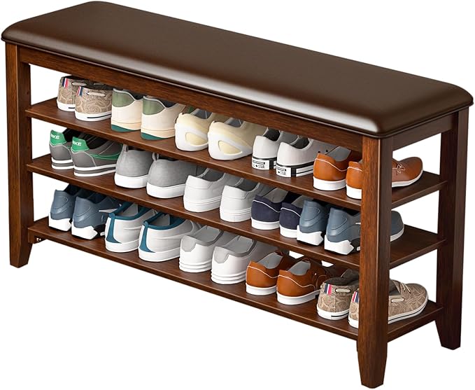 Shoe Rack Bench Entryway Storage with Leather Cushion, Shoe Organizer Bench for Entryway, Ideal for Front Doors Entrances Hallway Mudroom Featuring Rubberwood And 3 Height-Adjustable Removable Shelve by Taitiy