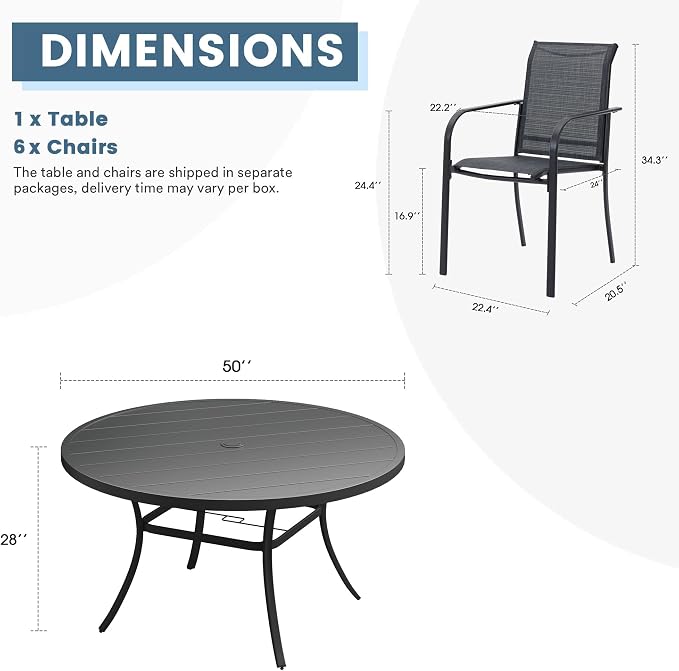 DIFY Patio Dining Set for 6, 7 Piece Outdoor Table and Chairs Set, 50" Black Round Metal Patio Dining Table and 6 Grey Textilene Stackable Patio Chairs, for Backyard Garden Poolside - Image 8