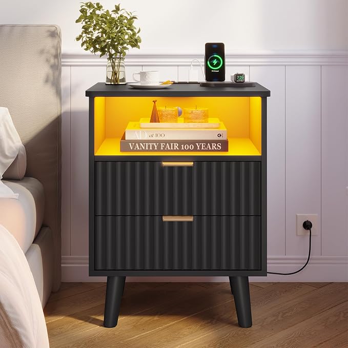 VIAGDO Fluted Nightstand Set of 2 with Charging Station and LED Lights, Modern Night Stand Set 2 with 2 Drawers and Open Storage Cabinet, Bed Side Tables with Gold Metal Handle for Bedroom, Black - Image 7