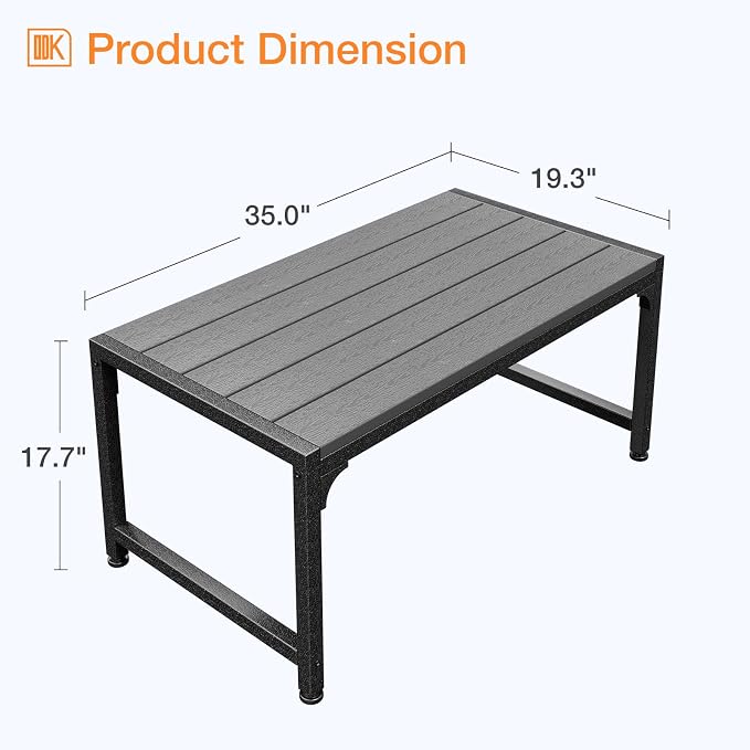 ODK Outdoor Coffee Table, Rectangle Weather-Resistant Patio Coffee Table for Garden, Balcony, Hot Tub, Poolside, Heavy-Duty Metal Frame, Grey - Image 3