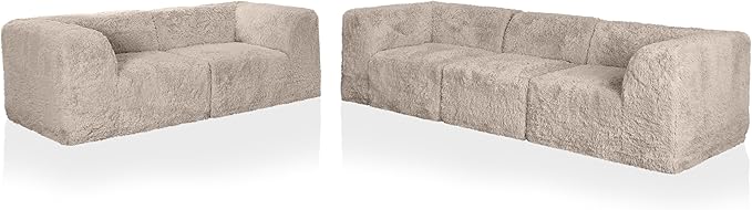 Furniture of America Havyn Modern Faux Fur 5-Seater Modular Sofa and Foam Loveseat Set with Arms & Deep Seat, Compressed Couch in a Box, No Assembly Required, for Living Room and Office, Taupe