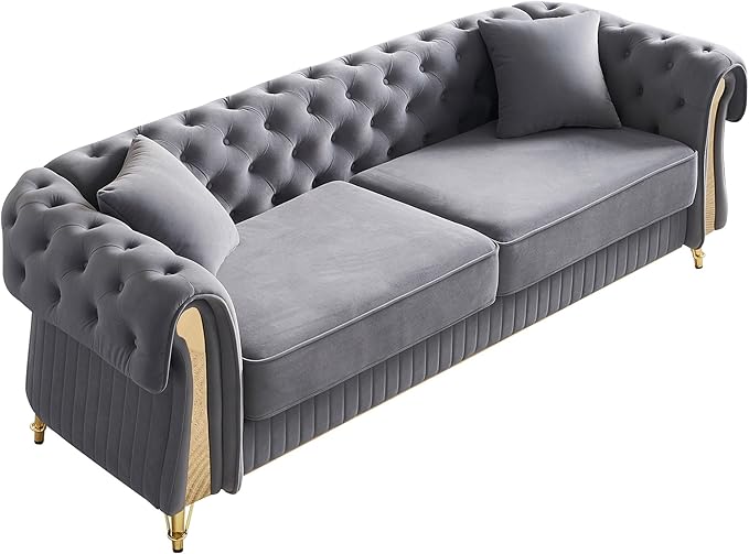 KEIKI 89" Chesterfield Velvet Button Tufted Sofa with High Density Foam Cushions and 2 Toss Pillows, Modern Style 3-Seater Couch with 4 Gold Metal Leg, Easy Assembly, for Living Room, Apartment, Grey