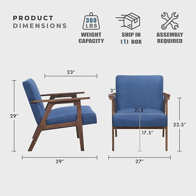 Lexicon Mid Century Modern Accent Chair, Upholstered Lounge Armchair, Single Sofa Seat, Brown Finish Solid Wood Framed Comfy Side Chairs for Living Room/Bedroom/Office/Waiting Area, Blue