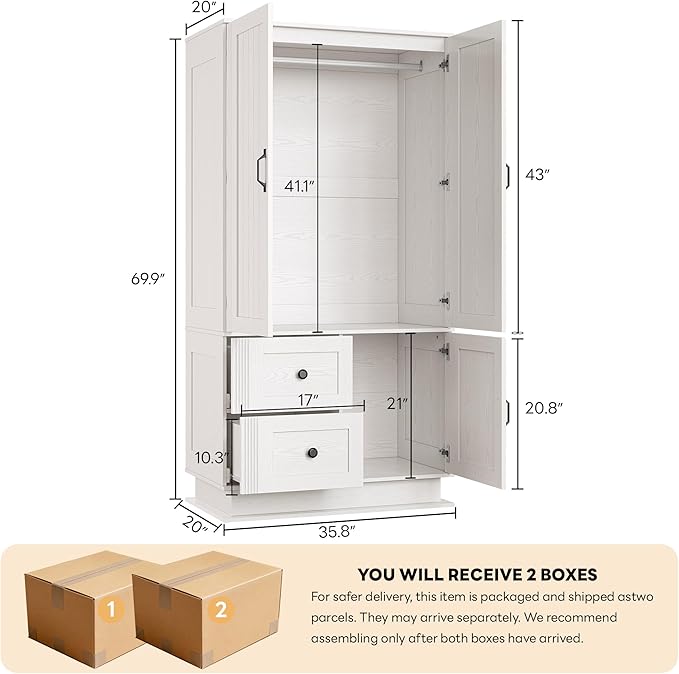 LIKIMIO Farmhouse Wardrobe Closet with Doors, 70" Bedroom Armoires with LED Lights and Hanging Rod, Wooden Large Wardrobe Cabinet with 2 Drawers and 1 Cabinet, Classic White