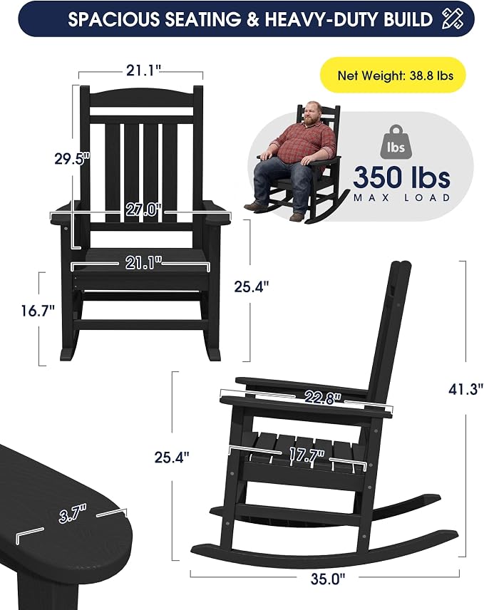 KINGYES Oversized Outdoor Rocking Chair Set of 2, High Density Polyethylene Patio Rocking Chairs with 330lbs Support for Adults, Black - Image 3