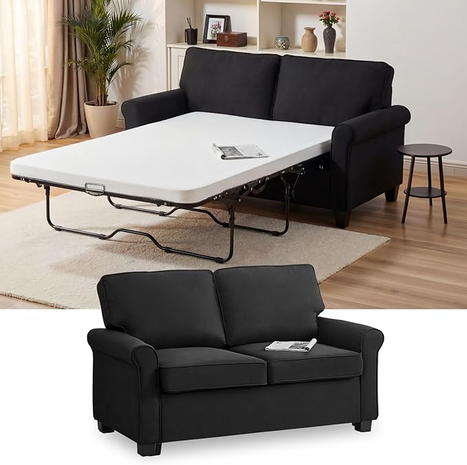 57" Pull Out Sofa Bed with Mattress, Convertible Sofa Bed Loveseat, Twin Sleeper Sofa Couch with Pocketed Coil Seating, Upholstered Fabric Sofa Bed for Small Spaces,Black | sofa bed, futon sofa bed, sofa bed couch, Sleeper Sofa, pull out sofa bed
