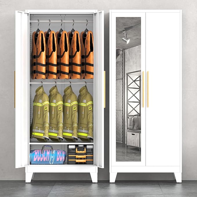 75.3" Tall Metal Armoire Wardrobe Closet with Mirror Doors, 2 Adjustable Hanging Rods & Adjustable Shelf, Freestanding Storage Cabinet Organizer for Bedroom, Office, Laundry Room, White