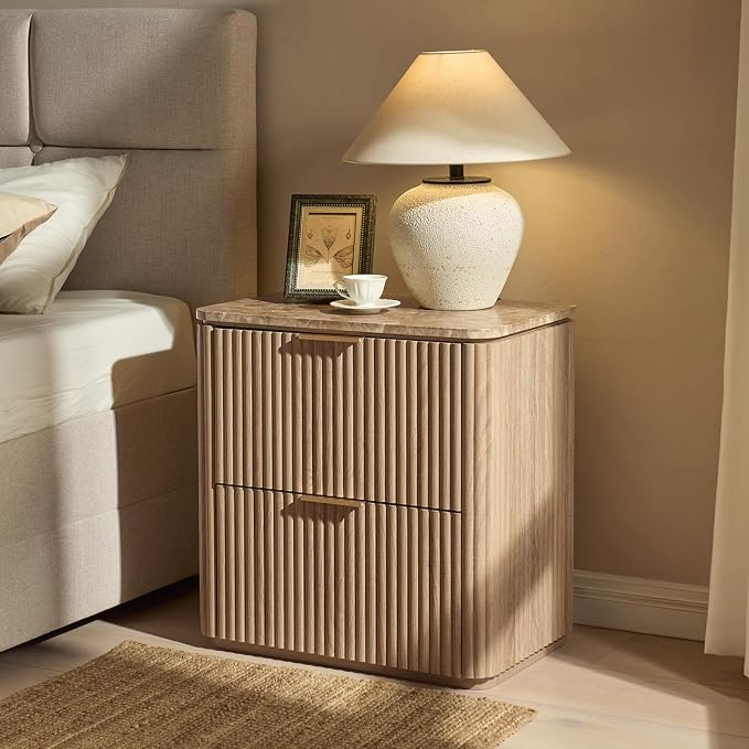 Fluted Night Stand, 23"W Nightstand with 2 Drawers, Wood Bed Side Table with Faux Marble-Top, Curved Profile Design, Metal Handle, Modern Bedside Table for Bedroom, Living Room End Table, Natural Oak - Image 7