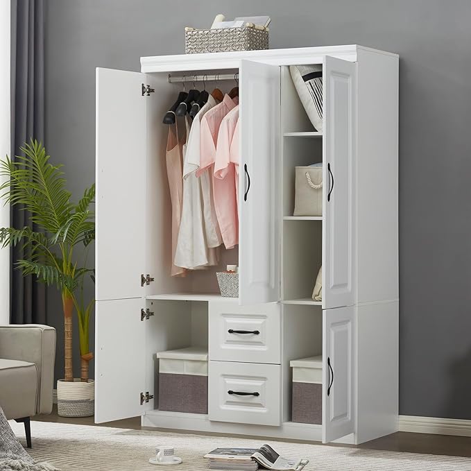 Wooden Armoire Wardrobe Closet with 3 Doors, Tall Wardrobe Closet with 2 Drawers, Armoires and Wardrobes with Hanging Rods and Shelves, Large Capacity Storage Cabinet for Bedroom White