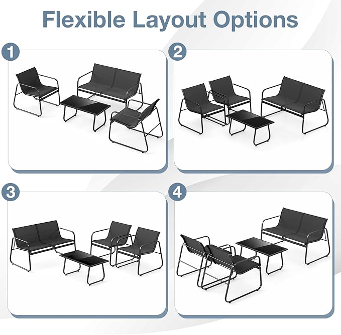 HAPPYGRILL 4 Pieces Patio Conversation Set, Fabric Lawn Chairs and Loveseat with Tempered Glass Coffee Table, Heavy Duty Metal Frame, Outdoor Furniture Set for Porch, Garden and Poolside