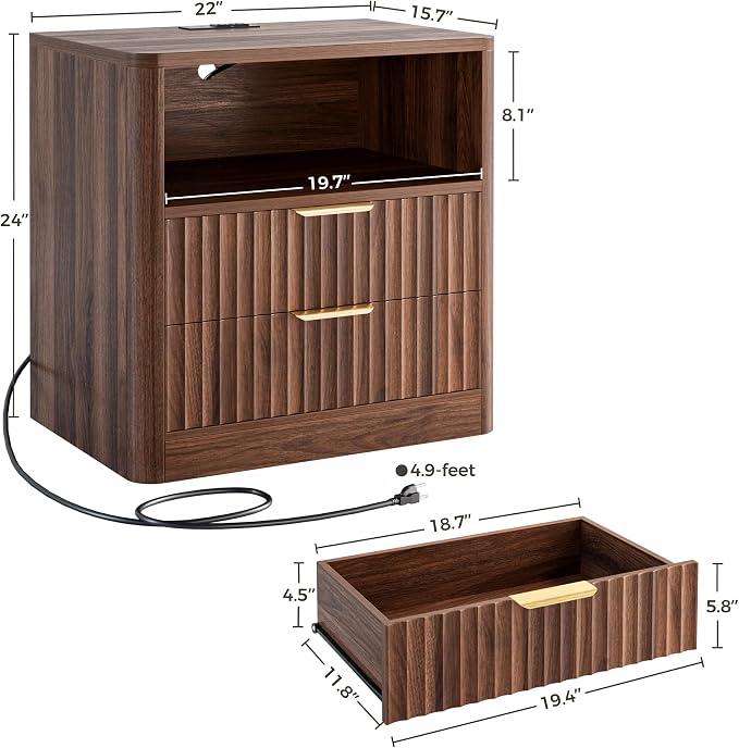 IRONCK Fluted Night Stand Set of 2, Modern Nightstand with Charging Station, Drawers and Open Shelves - Bedside Table Wood Side Table Set for Bedroom (Walnut) - Image 3