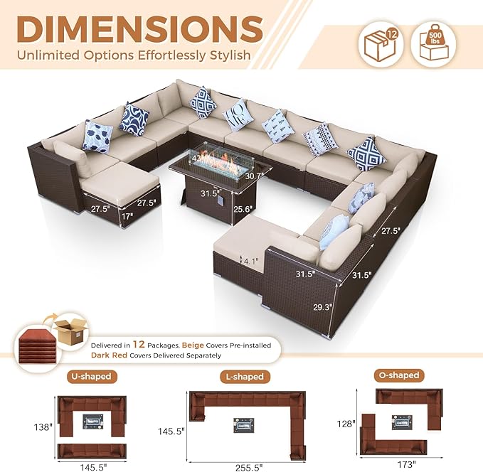 BULEXYARD 15 Piece Highback Wicker Patio Furniture Sets with Firepit, All-Weather Heavy Duty Outdoor Conversation Set Modular, Extra Deep Wide 14-Seats Sectional Couch Sofa for Backyard, Brown & Red