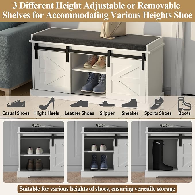 Loomie Shoe Storage Bench, 2-Tier Farmhouse Entryway Bench with Sliding Barn Door Storage Cabinets & Full Soft Removable Seat Cushion, Silm Shoe Rack with Shoe Cabinet for Entryway, Hallway, Bedroom - Image 7
