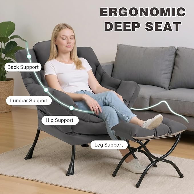 Lazy Chair with Ottoman, Modern Accent Chair Contemporary Sofa Chair with Armrests, Reading Chair and Folding Footstool Set for Living Room, Bedroom, Office, Dark Grey