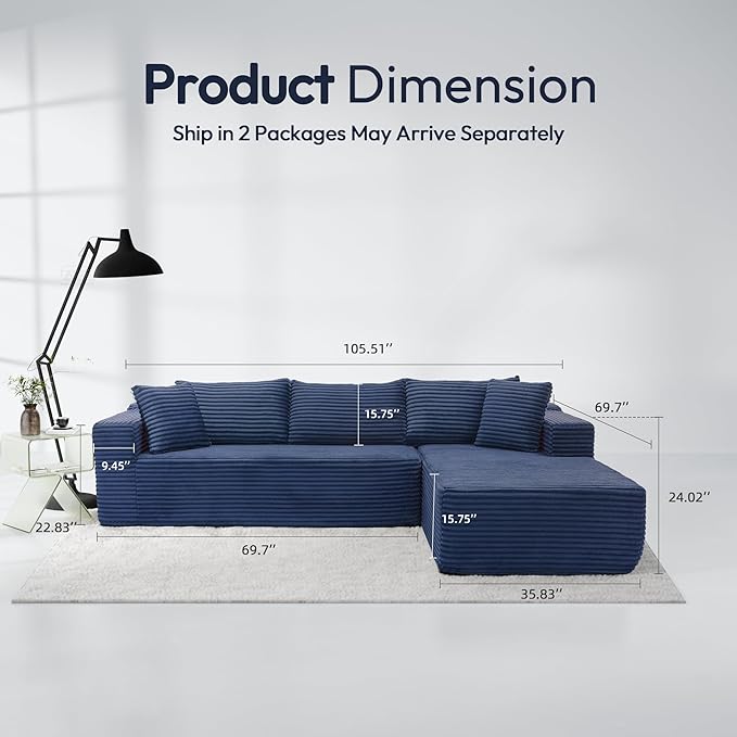 Cloud Sectional Couch, Modular Sectional Sofa with Left Chaise Lounge, Modern Modular L-Shape Sofa with Pillows & Deep Seat, Boneless Couches for Living Room Bedroom, Dark Blue