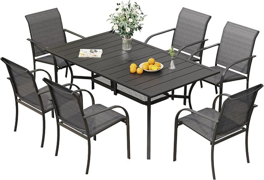 VICLLAX Patio Table and Chairs Set for 6, Patio Furniture Set of 6 Patio Stackable Dining Chairs and Outdoor Metal Table with Umbrella Hole for Backyard Lawn Garden, Dark Grey Chairs and Black Table by HOME