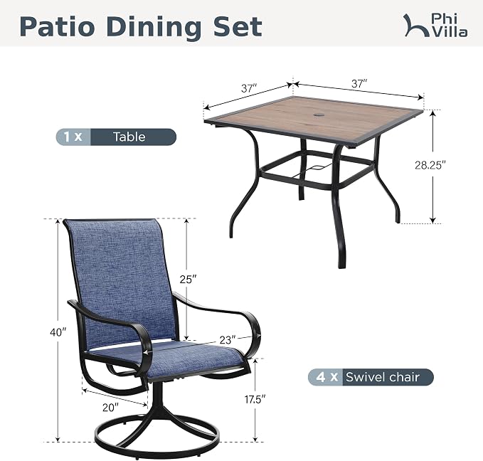 PHI VILLA 5 Piece Outdoor Patio Dining Set with 4 Swivel Dining Chairs & 1 Wood-Like Dining Table, All Weather Blue Textilene Mesh Fabric Chair and Square Metal Table for Deck Lawn Garden - Image 7