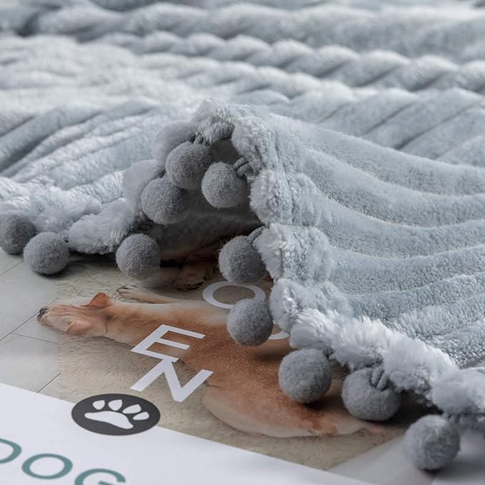 DISSA Fleece Blanket Throw Size ?€? 51x63, Grey ?€? Soft, Plush, Fluffy, Fuzzy, Warm, Cozy ?€? Perfect Throw for Couch, Bed, Sofa - with Pompom Fringe - Flannel Blanket Throw Blanket