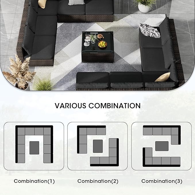 11 Piece Patio Furniture Set All Weather PE Rattan Outdoor Sectional Sofa Couch with No-Slip Cushions and Glass Top Table for Garden, Poolside, Backyard (Black)