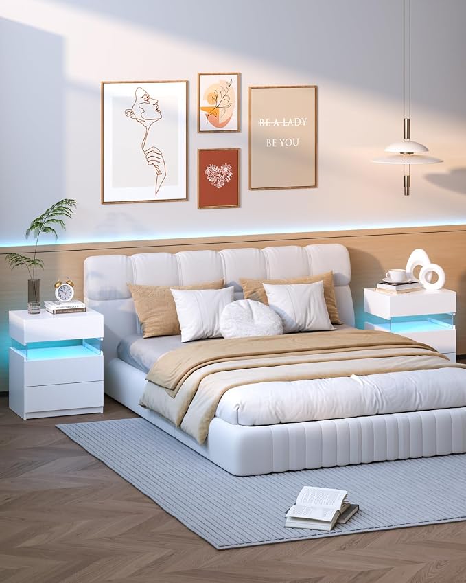 Bingoday LED Nightstands 3 Drawer Nightstand for Bedroom Bedside Tables with Acrylic Board LED End Table for Bedroom Living Room Bedside Furniture (White) - Image 8