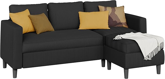 Shintenchi Convertible Sectional Sofa Couch,L-Shaped Modular Sofas with Reversible Ottoman,3-Seat Upholstered Corduroy Sofa Couch,Small Couches for Apartment,Living Room and Office(Black)