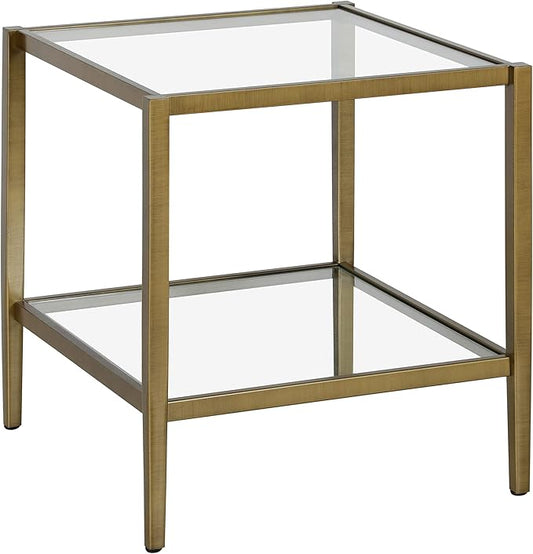Henn&Hart 20" Wide Square Side Table with Glass Shelf in Antique Brass, Table for Living Room, Bedroom