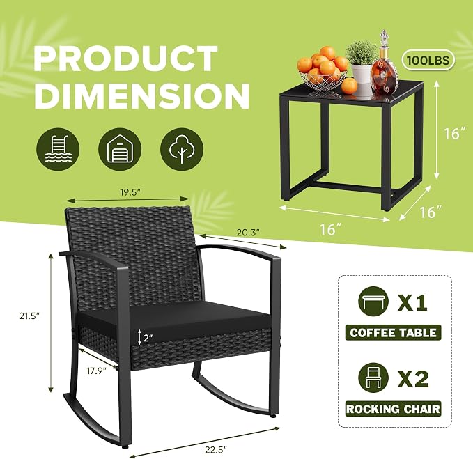 Homall Patio Furniture Set 3 Piece Resin Outdoor Bistro Set Rocking Patio Chairs with Cushions and Table for Porch, Poolside, Balcony and Yard (Black) - Image 4